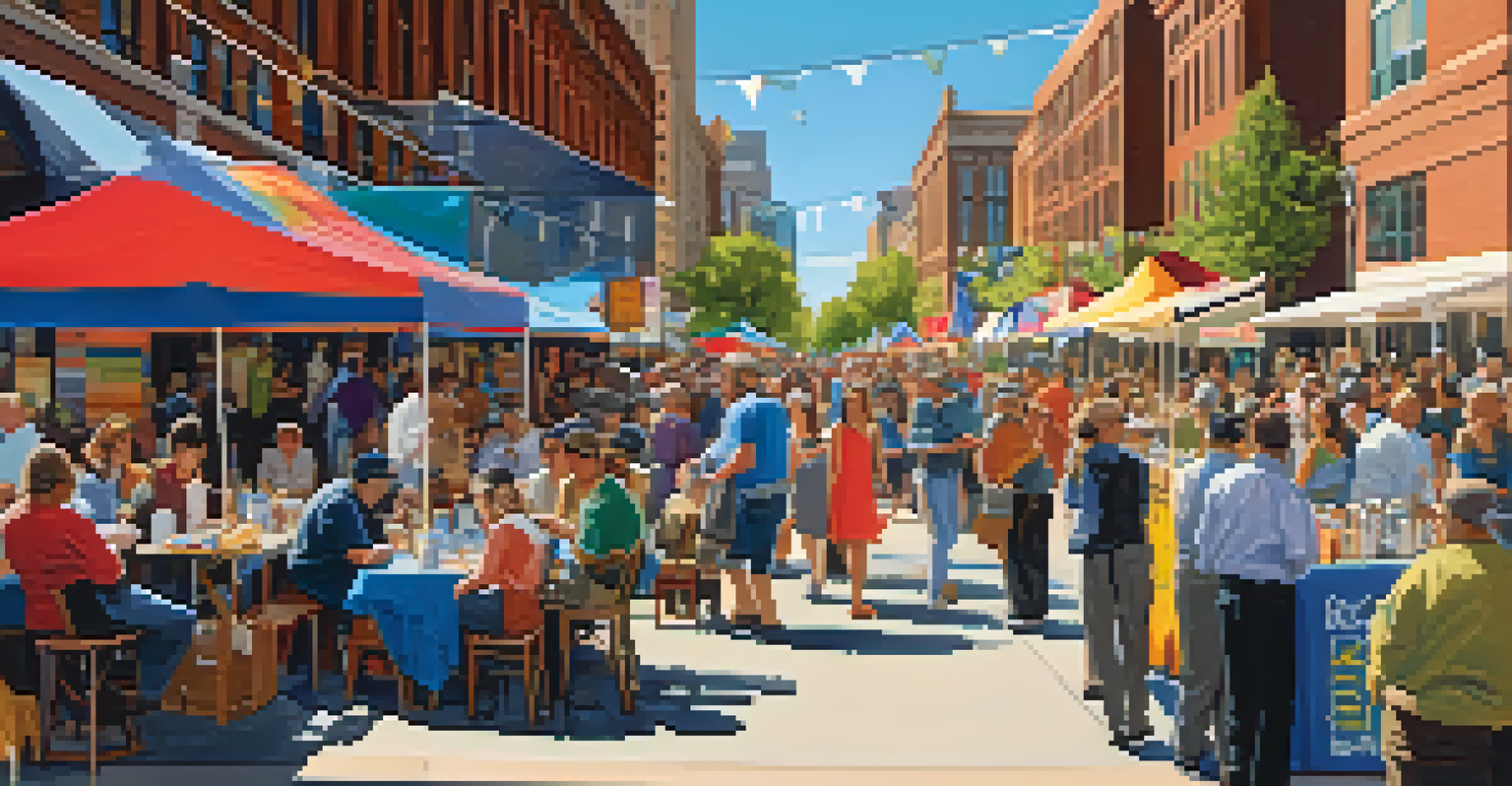 A vibrant outdoor literary festival in Denver with a coffee cart, authors signing books, and attendees enjoying coffee in a lively atmosphere.