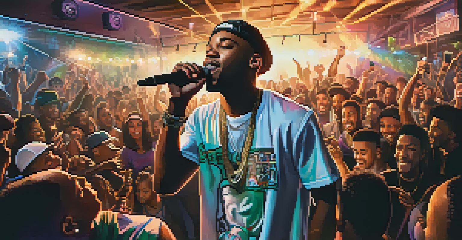 A hip-hop artist performing on stage at a lively venue, surrounded by an enthusiastic crowd and colorful graffiti.