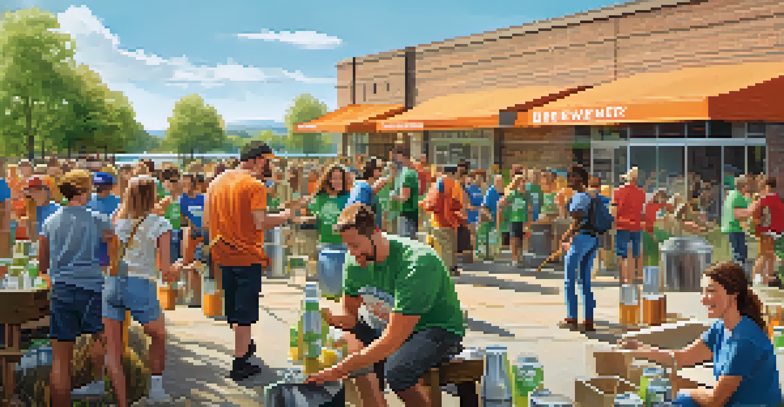 A community clean-up event organized by a brewery, with people picking up litter by a river and colorful banners promoting sustainability.