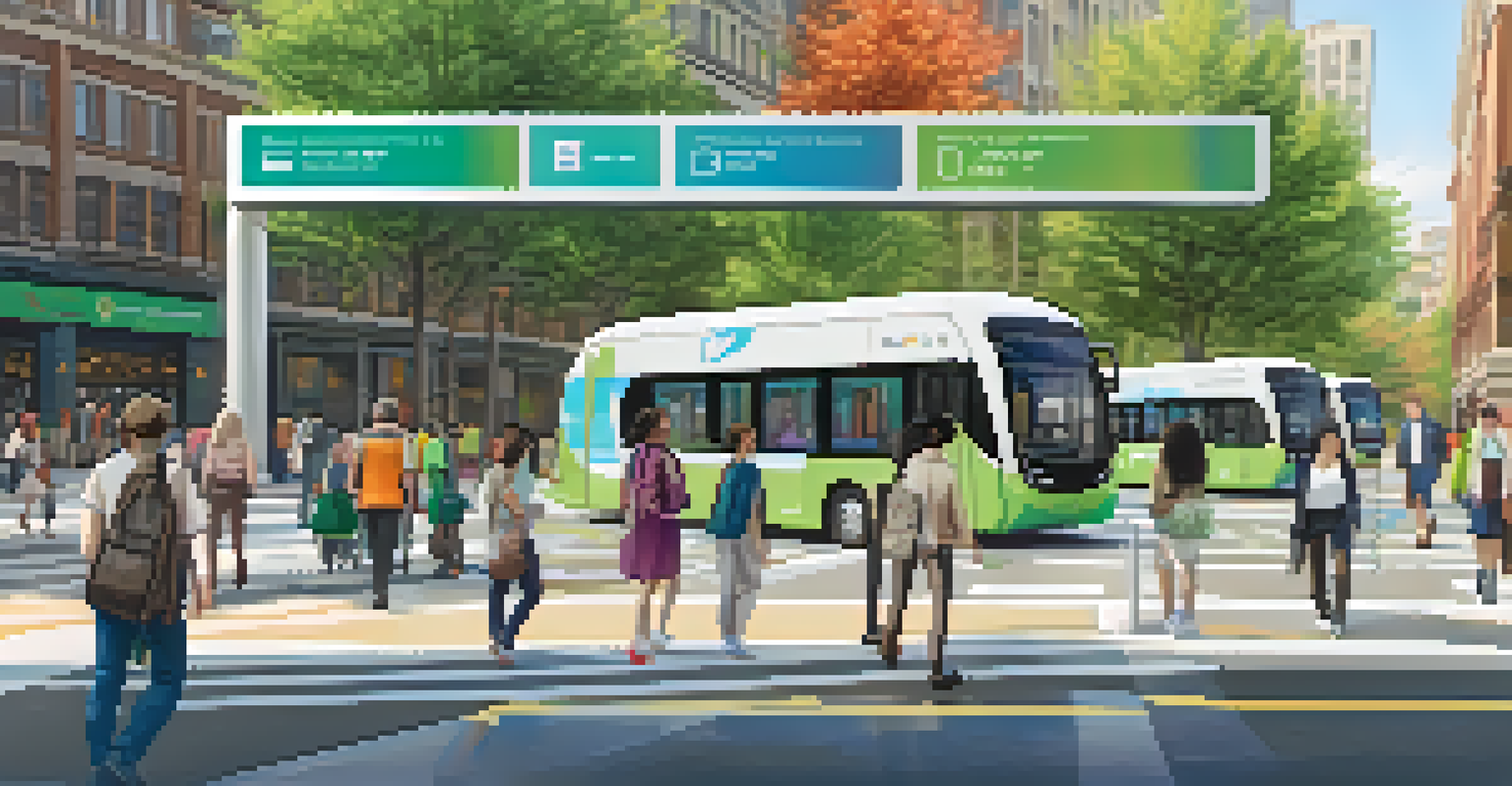 A digital transit information display in an urban setting, with diverse individuals using mobile apps and various transportation modes in the background.