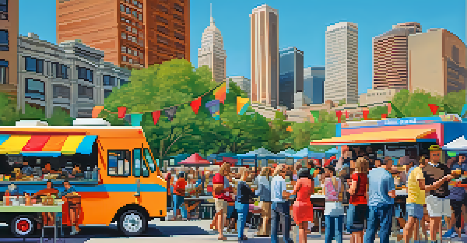 A vibrant food truck festival in Denver, featuring various food trucks and happy attendees enjoying diverse cuisines against the city skyline.