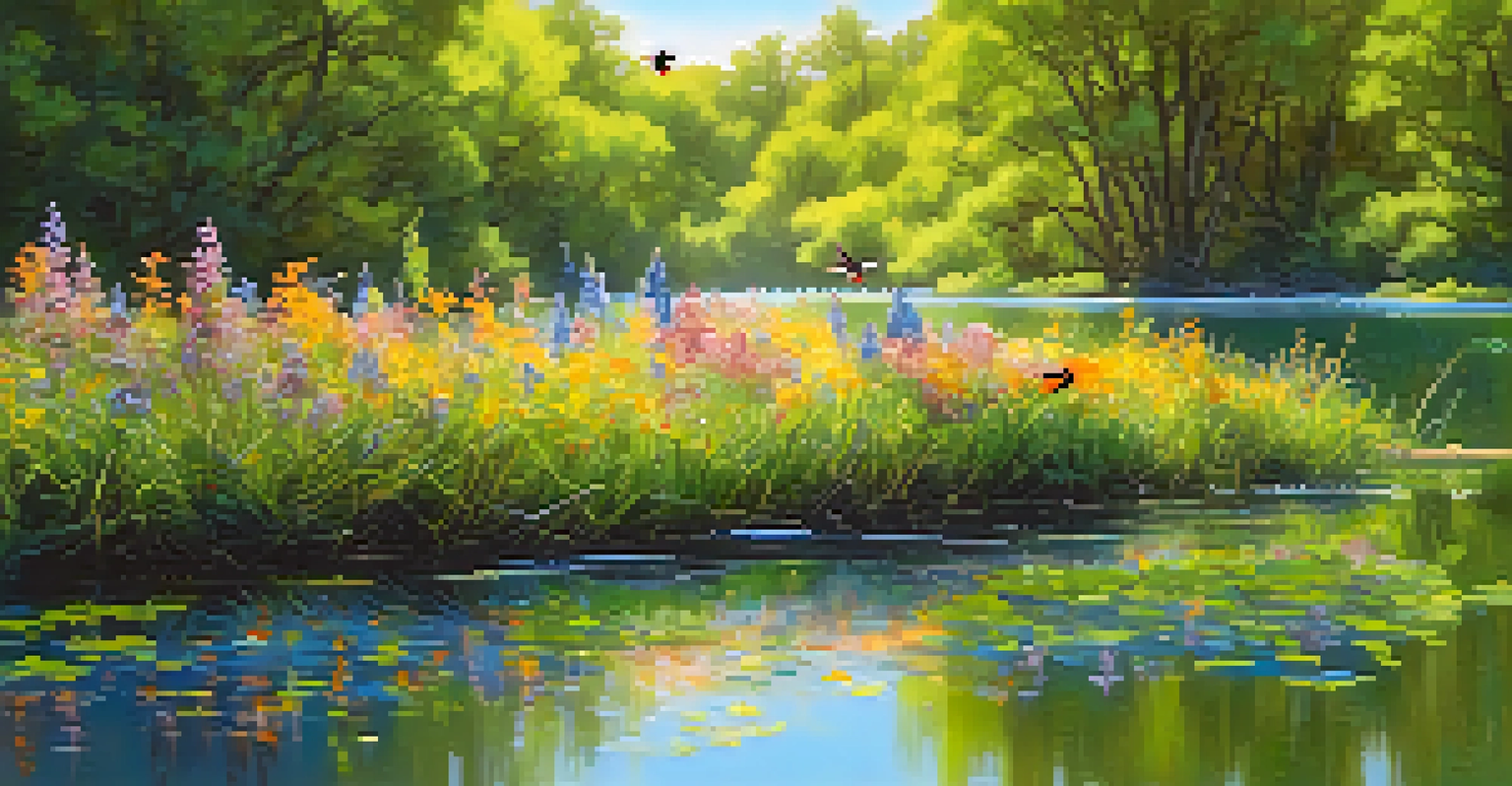 Colorful songbirds perched on a branch over a wetland in Cherry Creek State Park with blooming wildflowers.