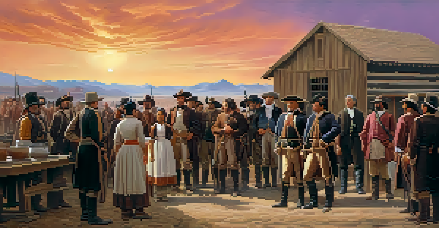 Artistic portrayal of General William Larimer standing in front of a new settlement, surrounded by settlers and Native Americans, with a sunset sky in the background.