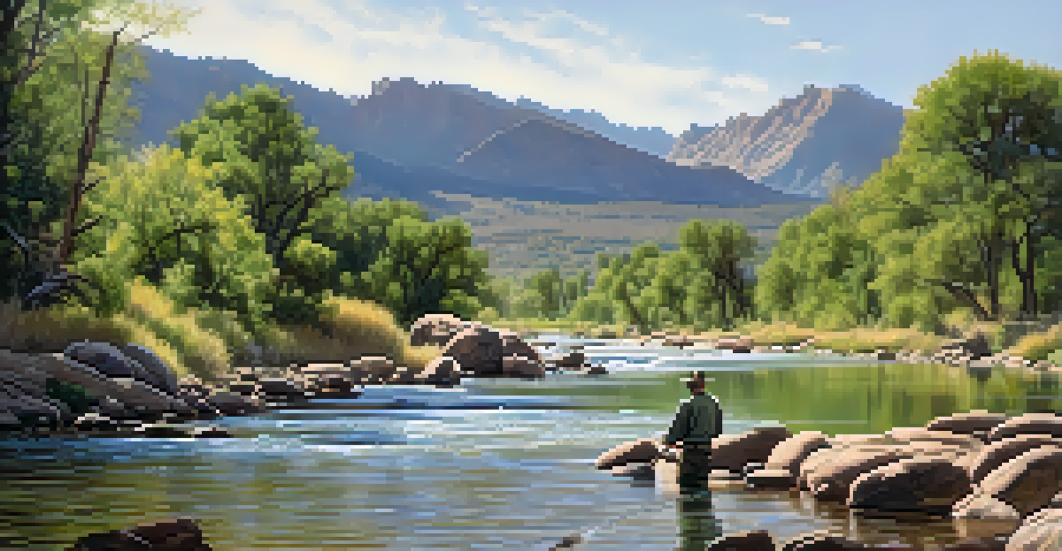 An angler fly fishing at the South Platte River, surrounded by lush greenery and mountains, with sunlight filtering through the trees.
