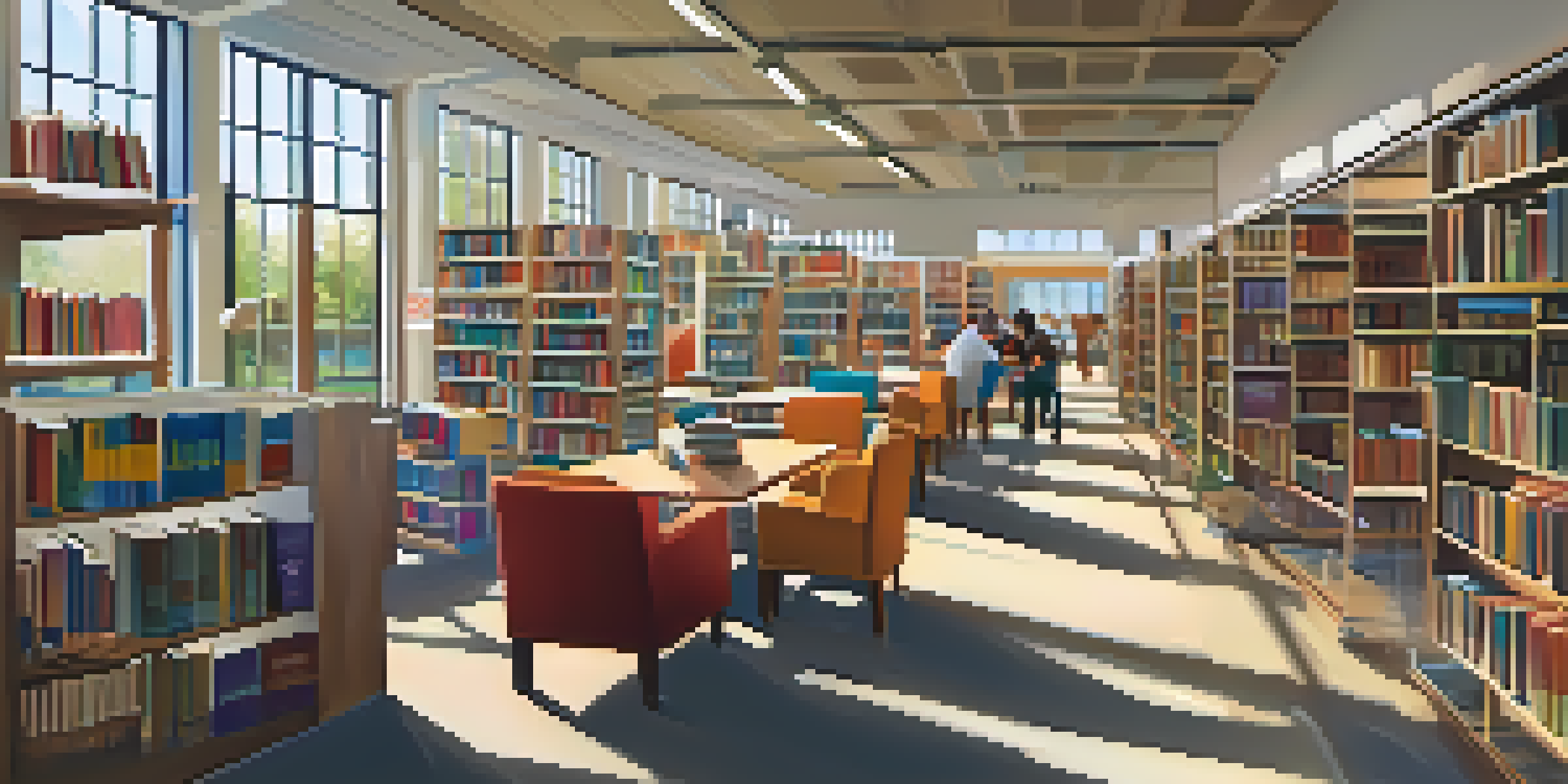 A bright and inviting library interior with colorful bookshelves and sunlight streaming through windows, featuring people reading and studying in cozy spaces.