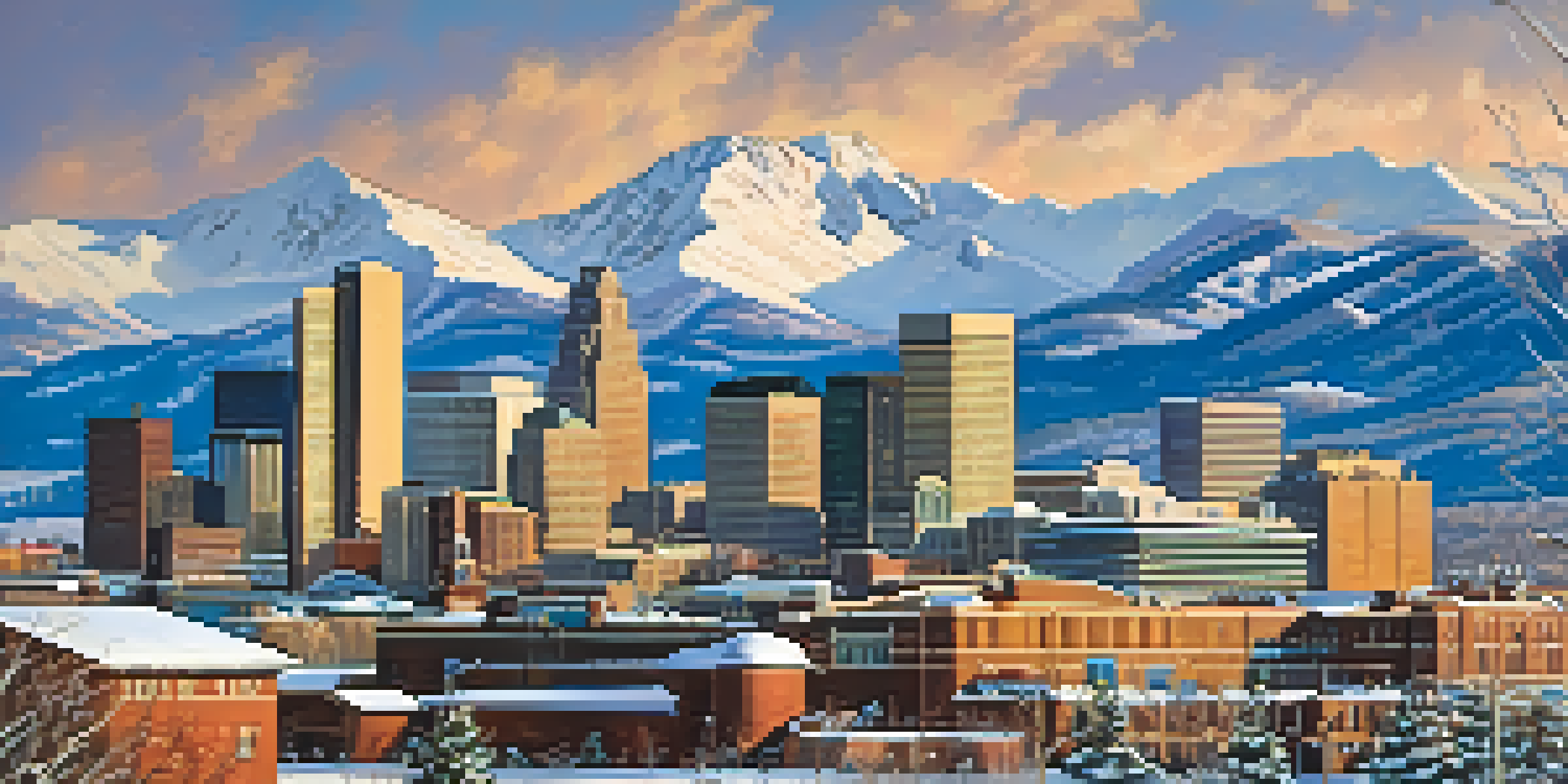 Panoramic view of Denver's skyline with snow-covered Rocky Mountains in winter, showcasing the city's winter activities.