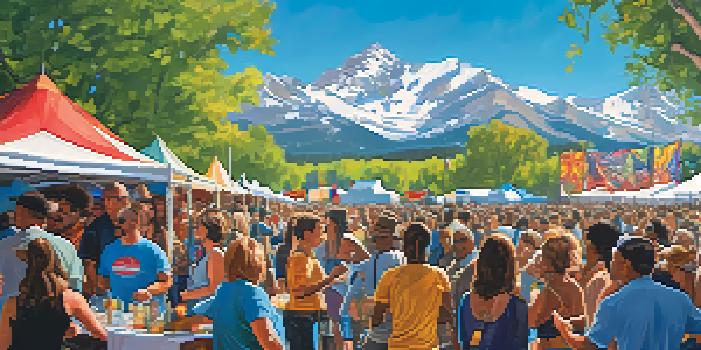 A lively outdoor music festival in Denver with a diverse crowd, musicians performing, and the Rocky Mountains in the background.