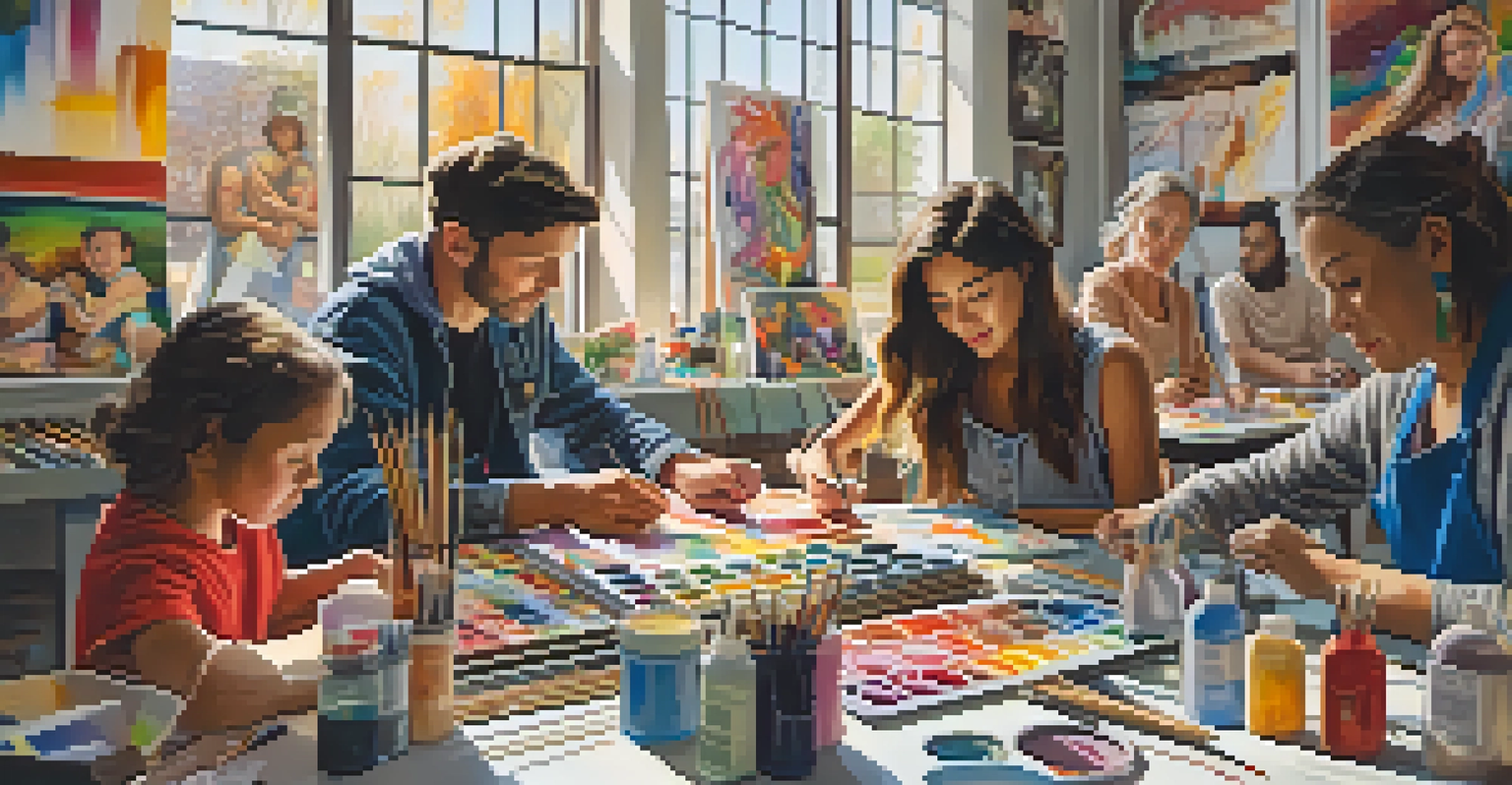 A community art workshop with diverse participants creating art together at a table, surrounded by art supplies and natural light.