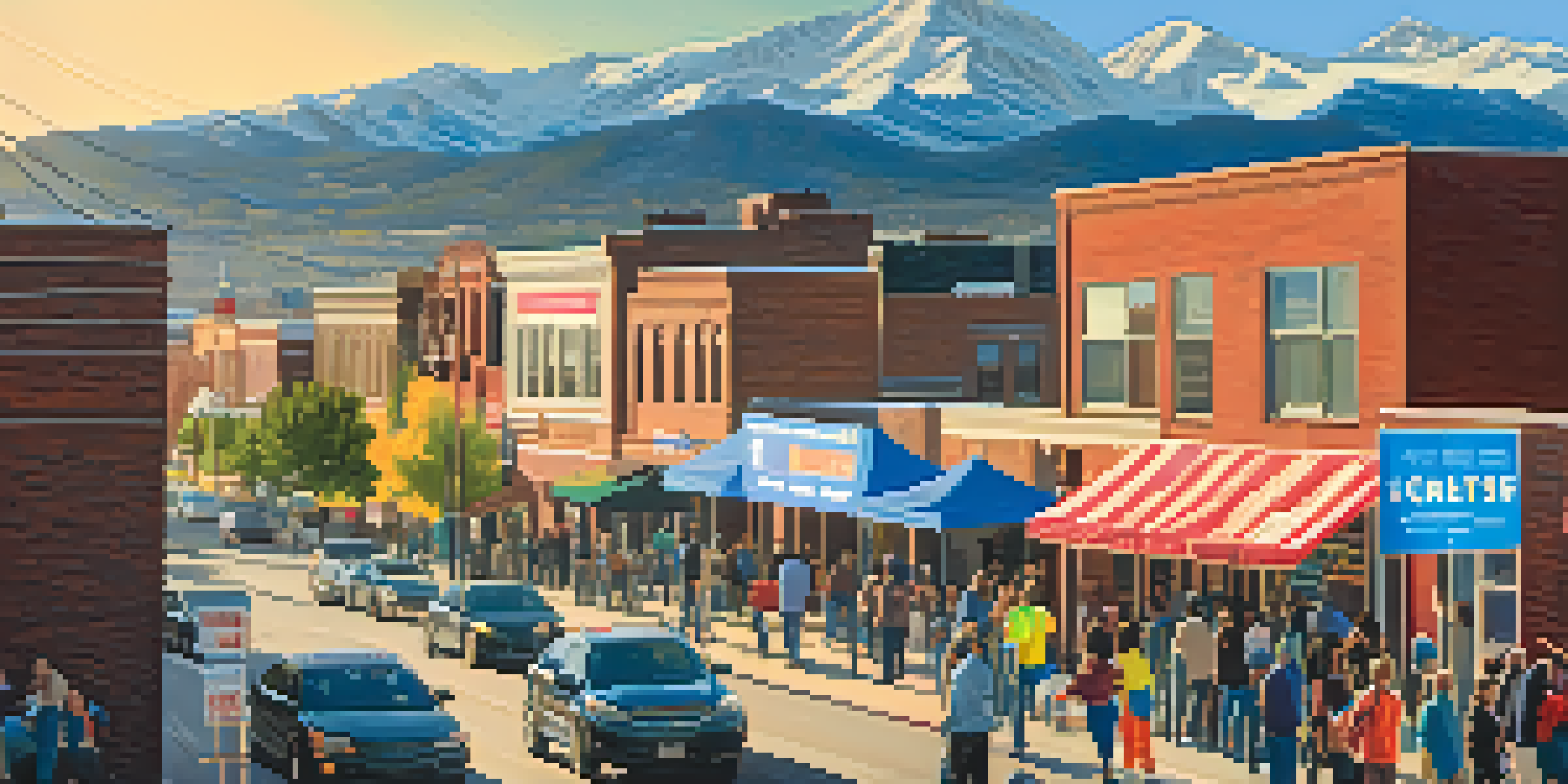 A cityscape of Denver with campaign signs and voters at a polling station, illuminated by warm sunlight.
