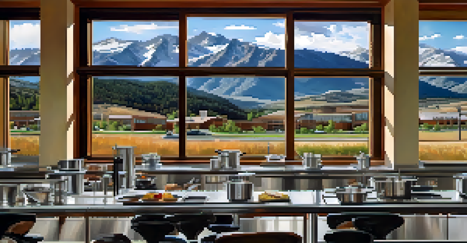A culinary training facility at Colorado Mountain College set against the stunning Rocky Mountains, with students visible through large windows.