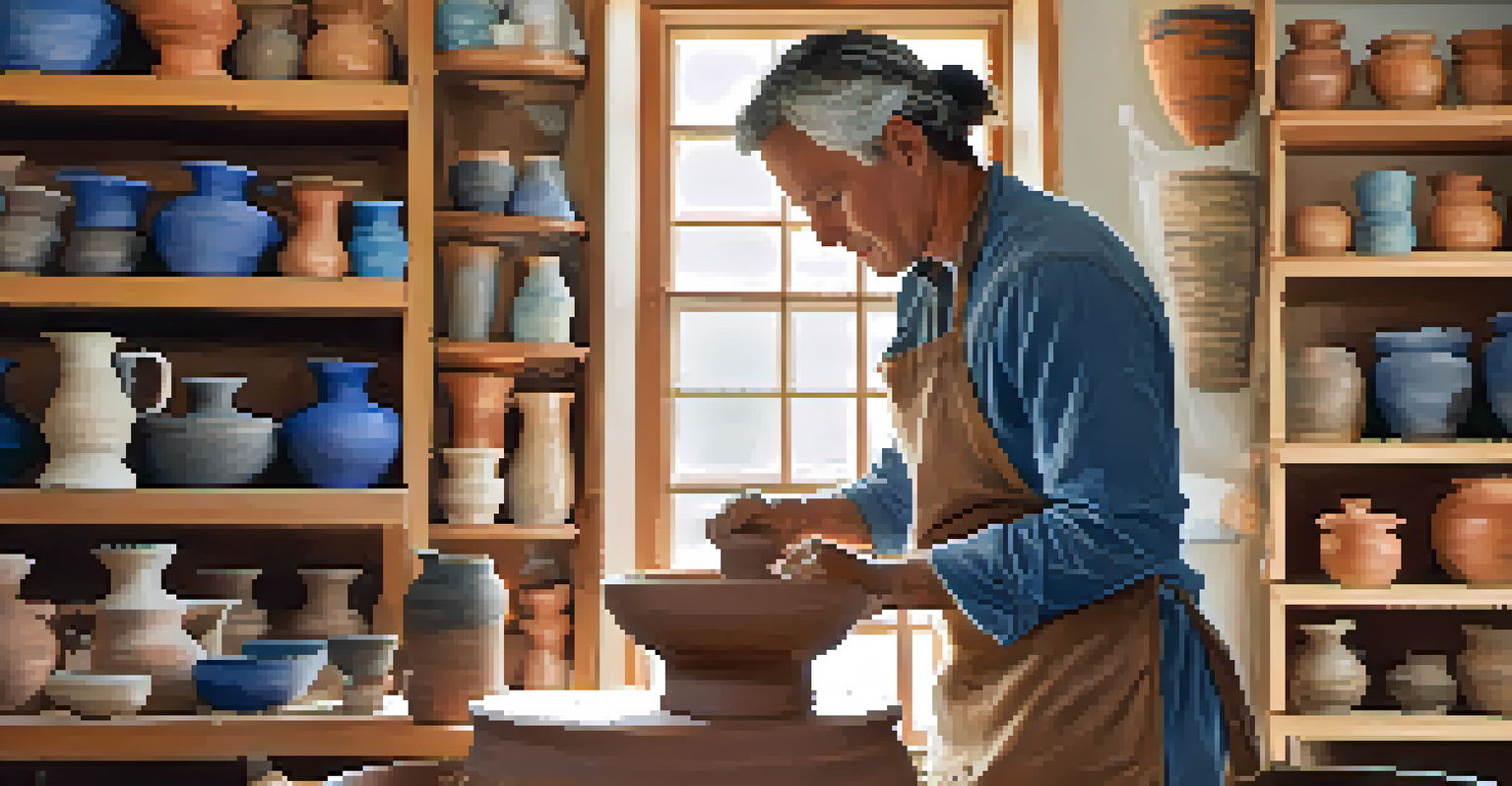 A potter working on a clay piece at a well-lit studio, surrounded by finished pottery and tools.