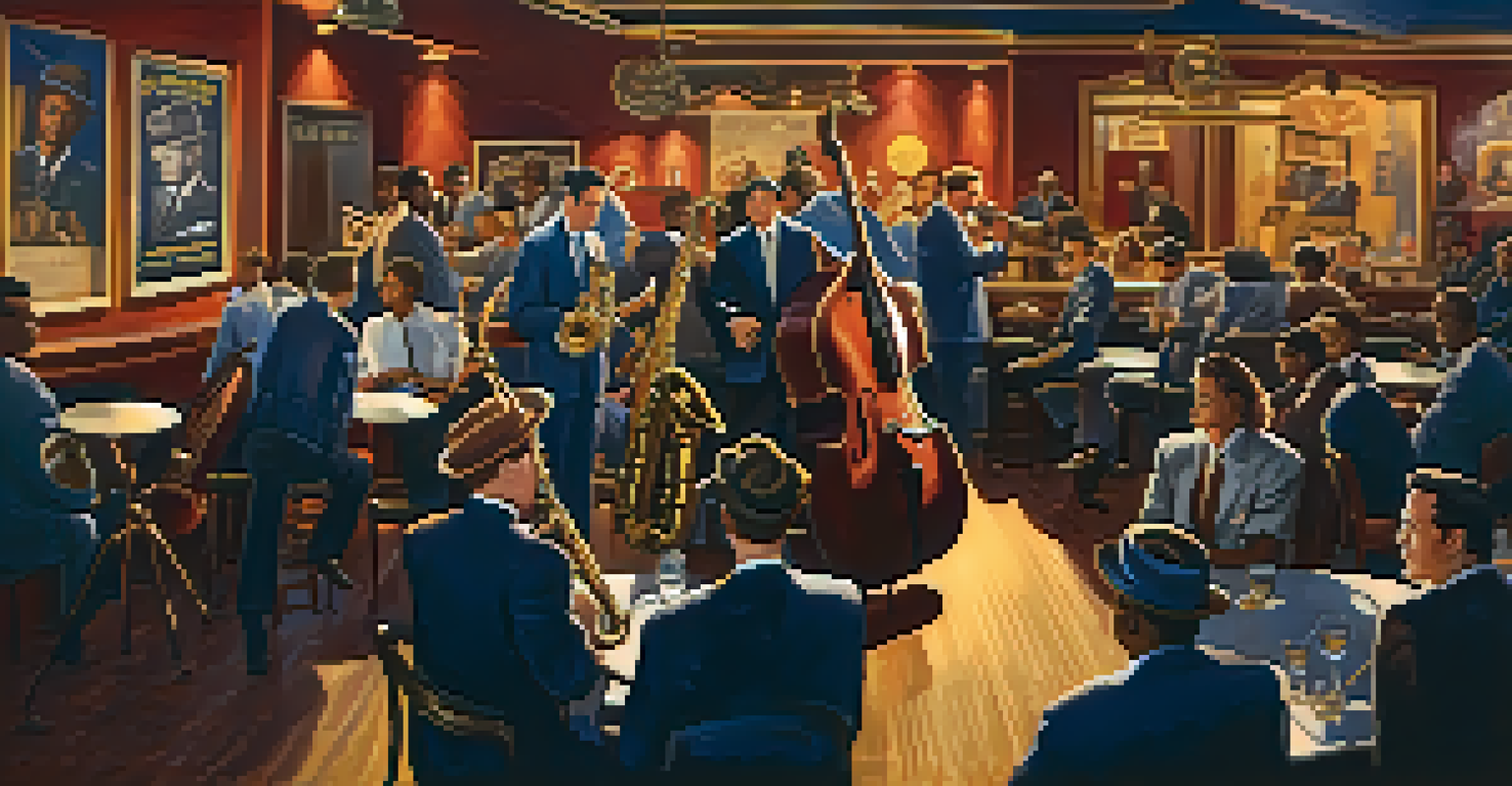 A vibrant jazz club in Denver during the 1940s with a band on stage, diverse patrons, and soft lighting.