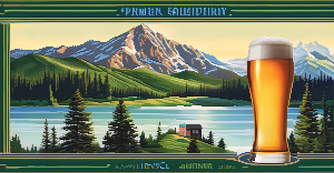 A colorful beer label with a mountain scene, showcasing a crisp lager, featuring bold typography and an outdoor theme.