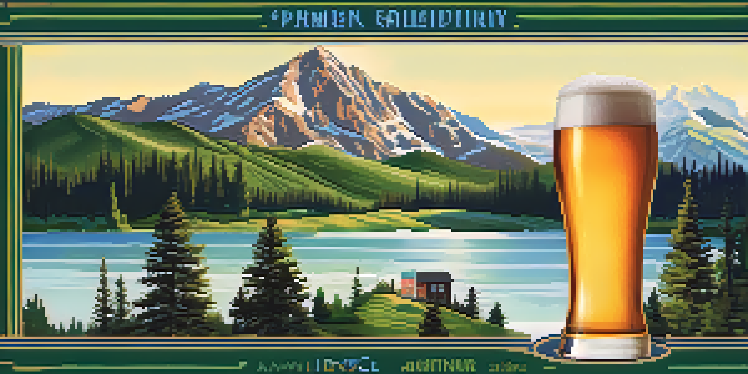 A colorful beer label with a mountain scene, showcasing a crisp lager, featuring bold typography and an outdoor theme.