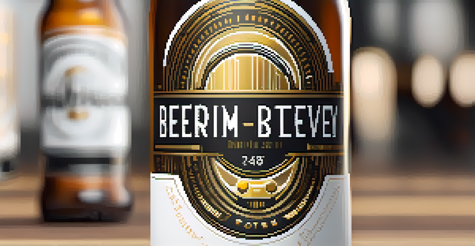A modern beer label design with a QR code for augmented reality, featuring minimalistic colors and a warm brewery background.