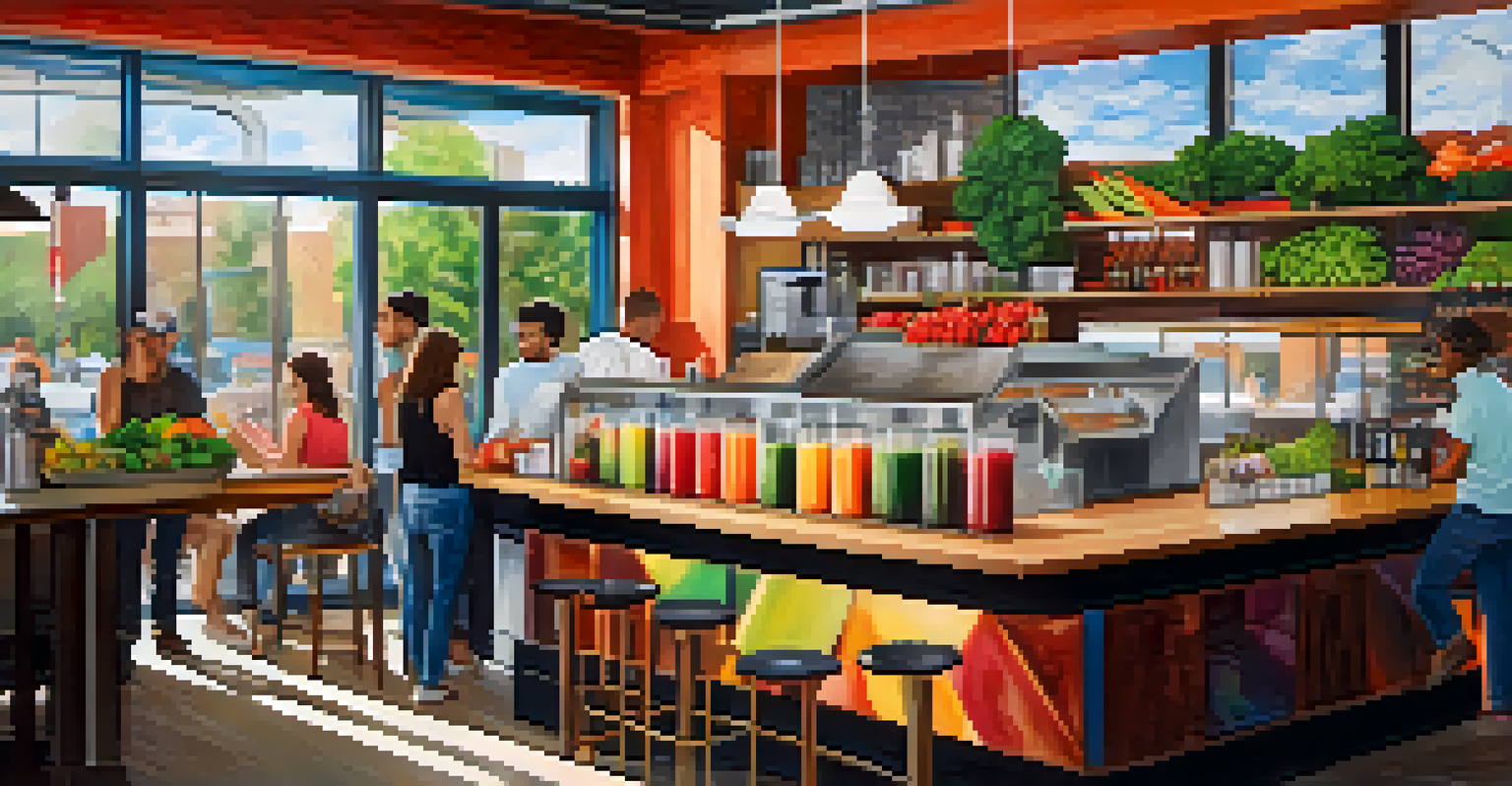 A juice bar with a barista making cold-pressed juice, surrounded by fresh fruits and vegetables, and customers enjoying their drinks.