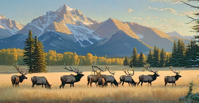 A herd of elk grazing in a meadow with Rocky Mountain peaks in the background during golden hour.