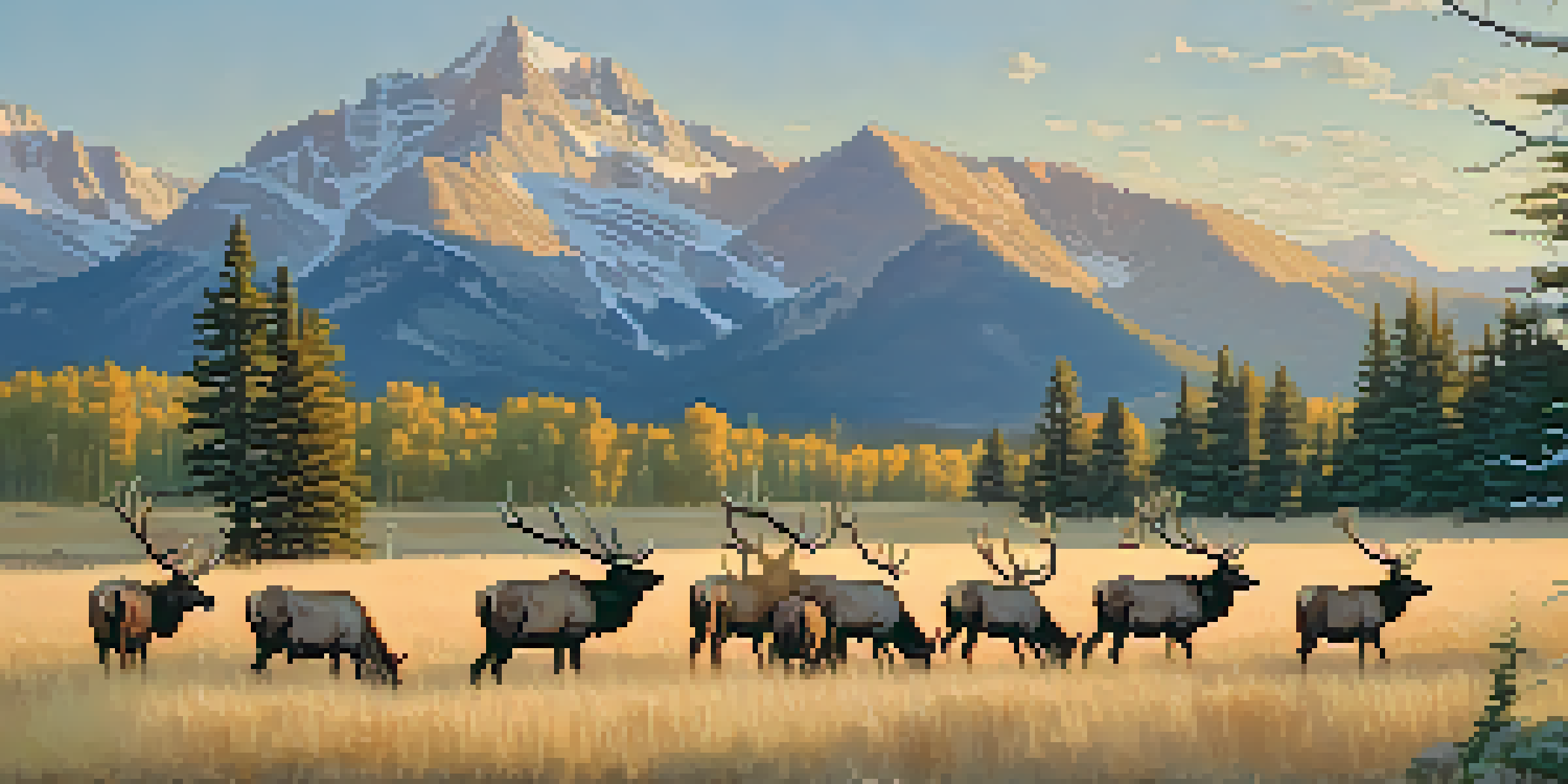 A herd of elk grazing in a meadow with Rocky Mountain peaks in the background during golden hour.