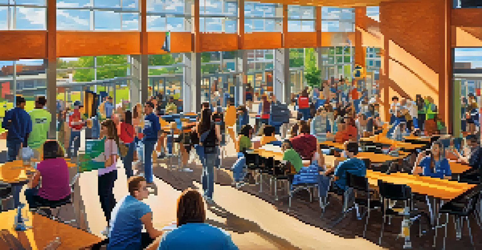 A lively scene of students engaging in extracurricular activities at a Denver community college with booths for clubs and a welcoming atmosphere.
