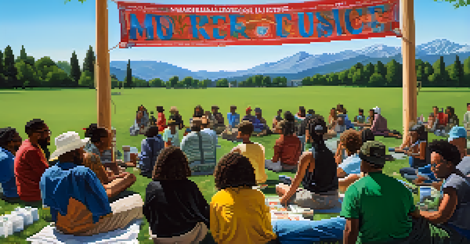 A diverse group of individuals in a Denver park discussing social issues, with picnic blankets and a banner for environmental justice.