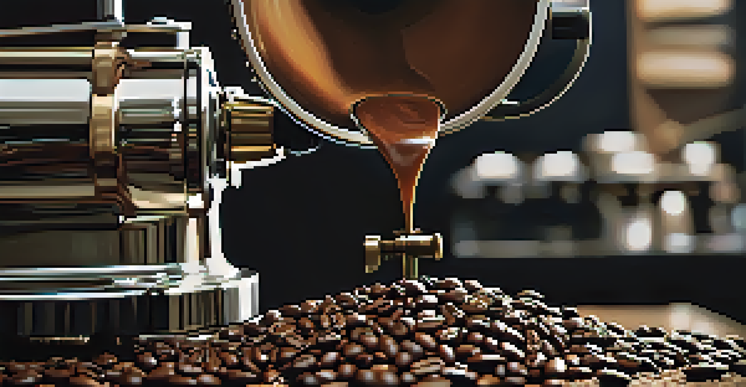 A close-up of roasted coffee beans being poured into a grinder in a specialty coffee roaster's workshop in Denver.