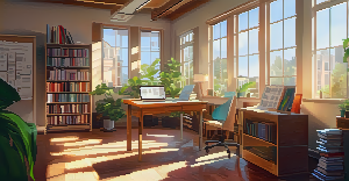 A cozy study space with books, a laptop, and sunlight streaming through a window, featuring a bulletin board with scholarship information.