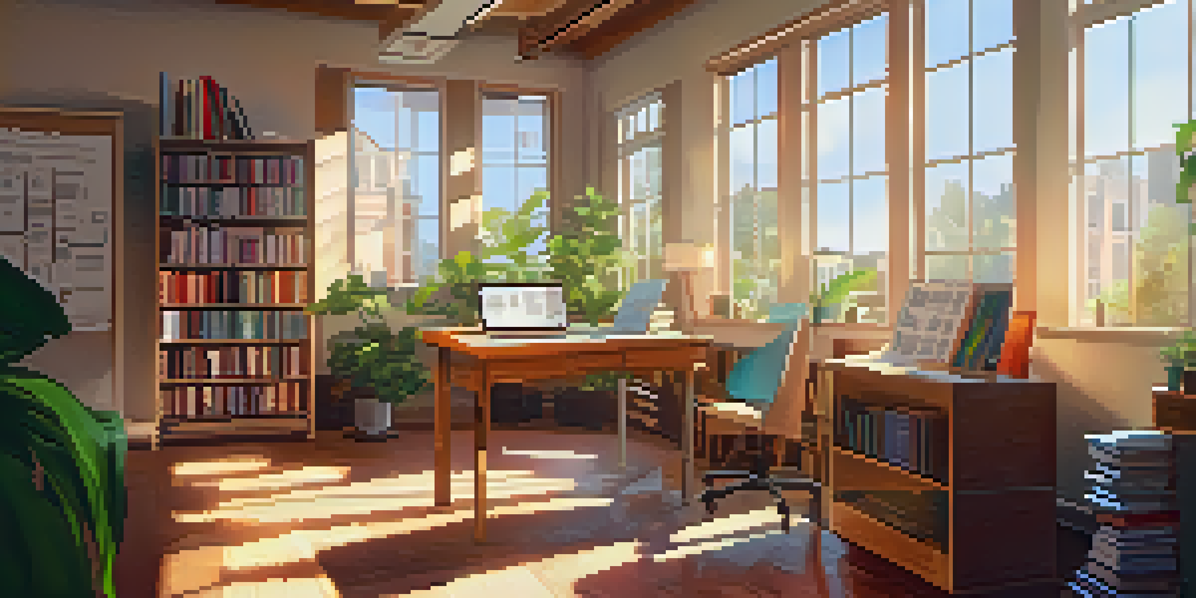 A cozy study space with books, a laptop, and sunlight streaming through a window, featuring a bulletin board with scholarship information.