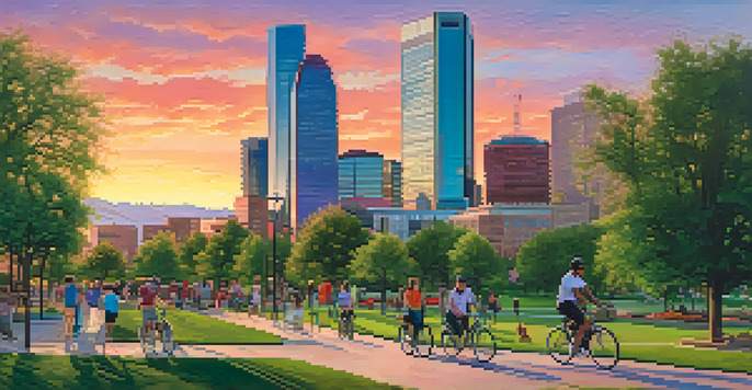 A beautiful sunset view of Denver's skyline with modern skyscrapers and green parks in the foreground, highlighting a vibrant urban environment.