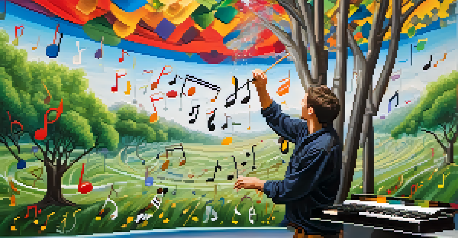 A painter closely working on a vibrant mural inspired by music, with musical notes and instruments in the background.