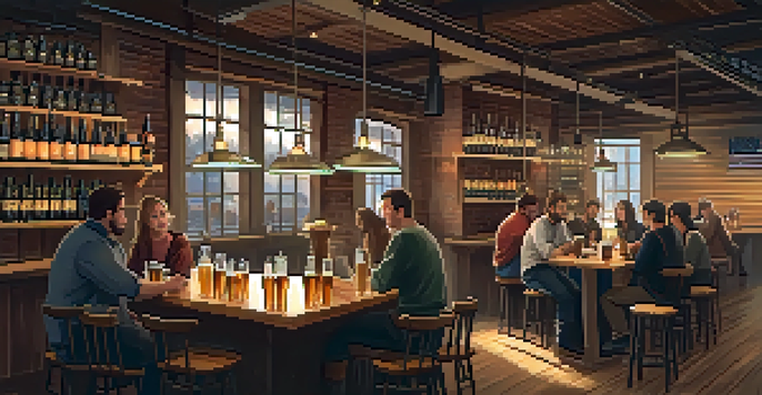 A warm and inviting brewery interior with friends enjoying craft beer tastings at a wooden table, illuminated by soft golden lights.