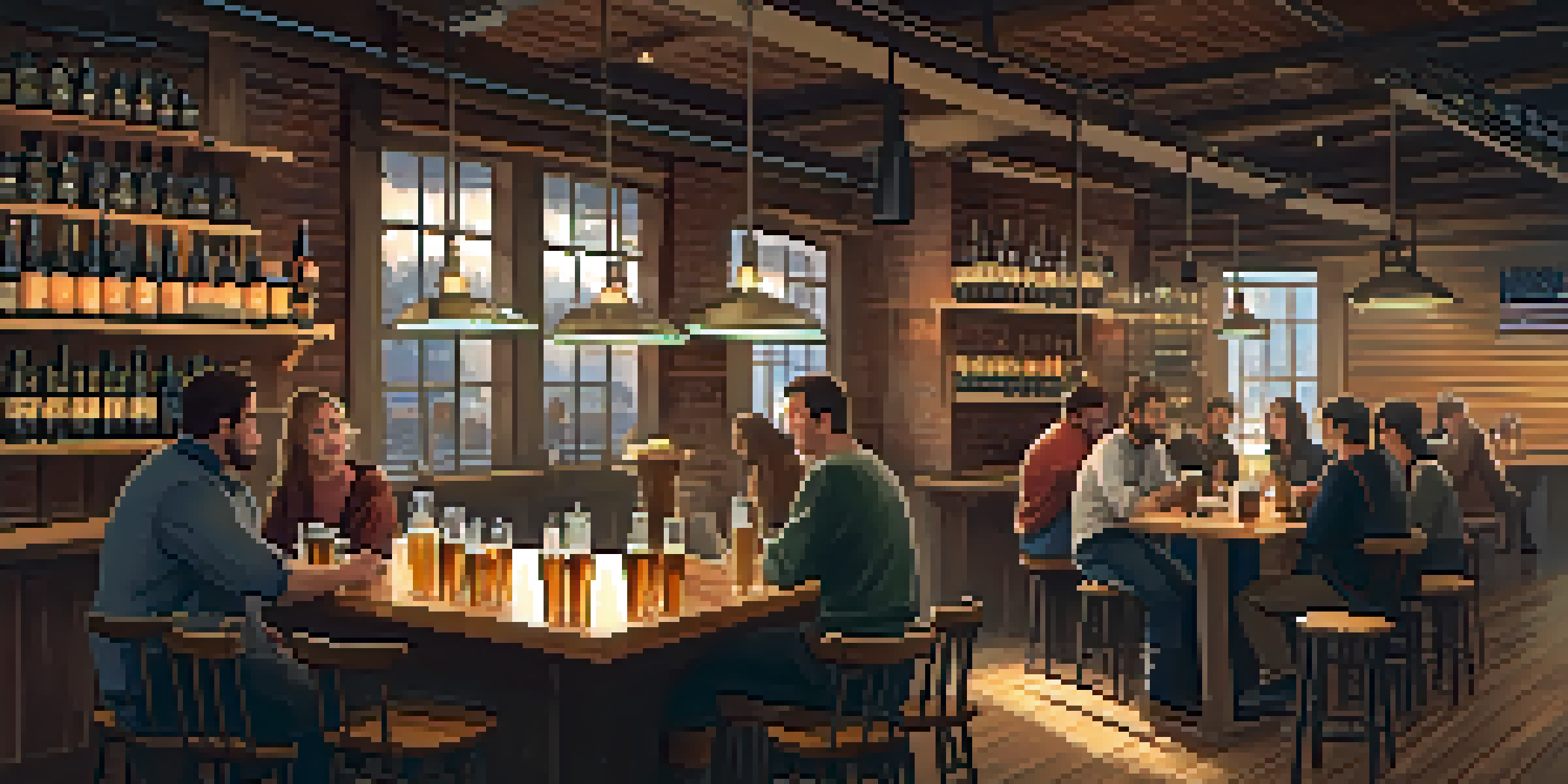 A warm and inviting brewery interior with friends enjoying craft beer tastings at a wooden table, illuminated by soft golden lights.