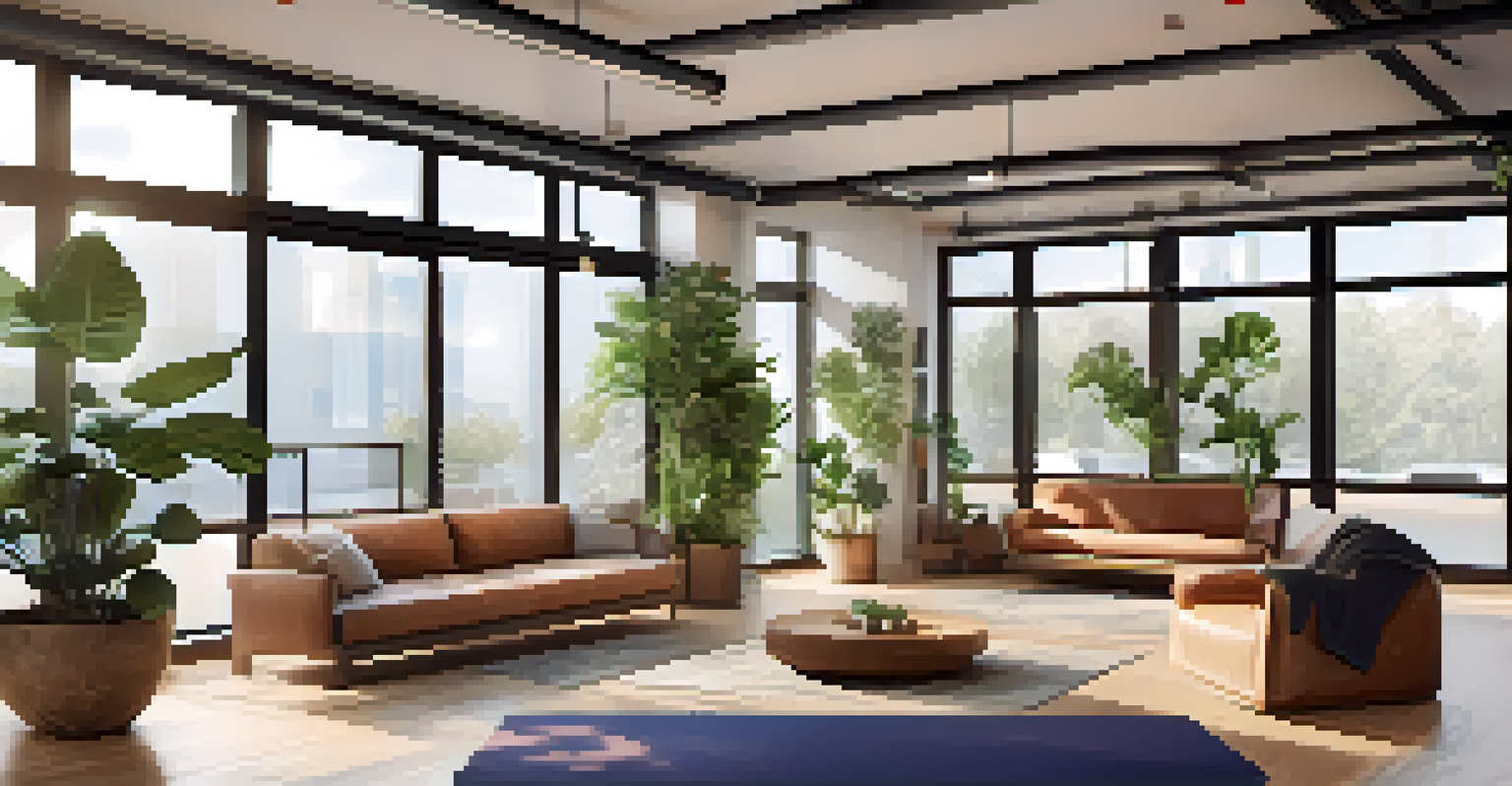 A calming wellness area in a co-working space with comfortable seating and plants, where individuals are practicing meditation and relaxation.