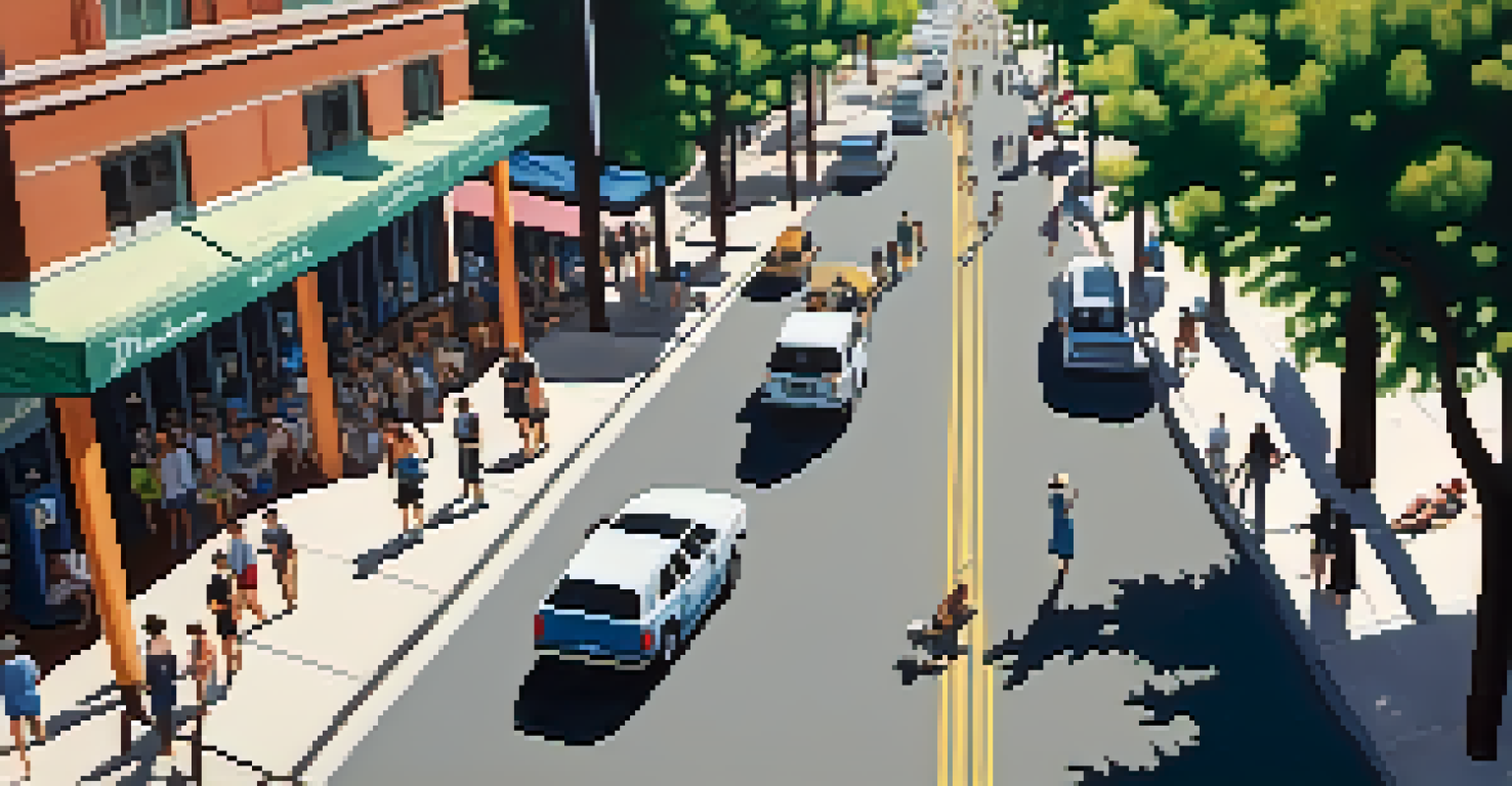 An aerial view of a busy Denver street during a heatwave, with people under shade and visible heat distortion in the air.