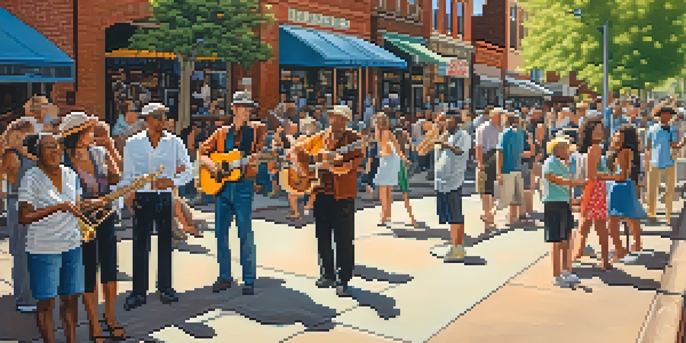 A bustling street in Five Points, Denver, showcasing colorful murals and jazz musicians with a diverse crowd enjoying the vibrant atmosphere in warm sunlight.