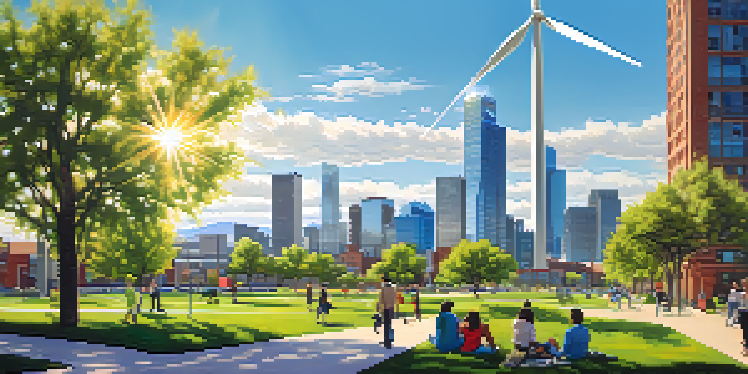 A colorful view of Denver with solar panels on rooftops and wind turbines, featuring a green park and people enjoying the sunny day.