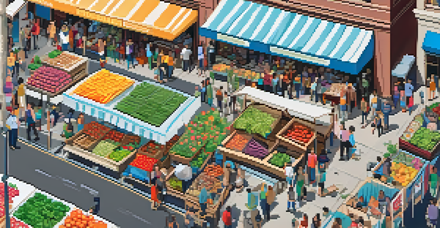 An overhead view of a bustling outdoor market in Denver with various stalls and people enjoying the atmosphere.