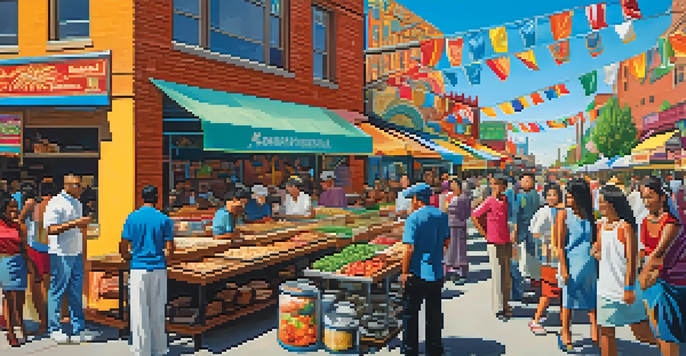 A lively Denver street scene featuring a colorful mural and diverse people enjoying food from various cultures.