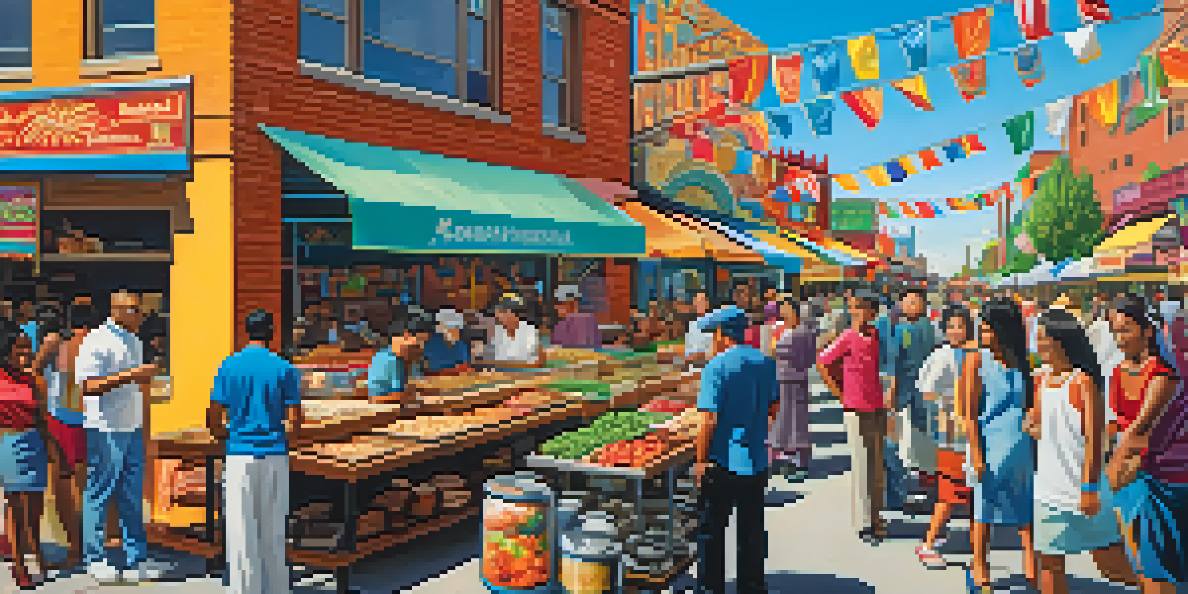 A lively Denver street scene featuring a colorful mural and diverse people enjoying food from various cultures.
