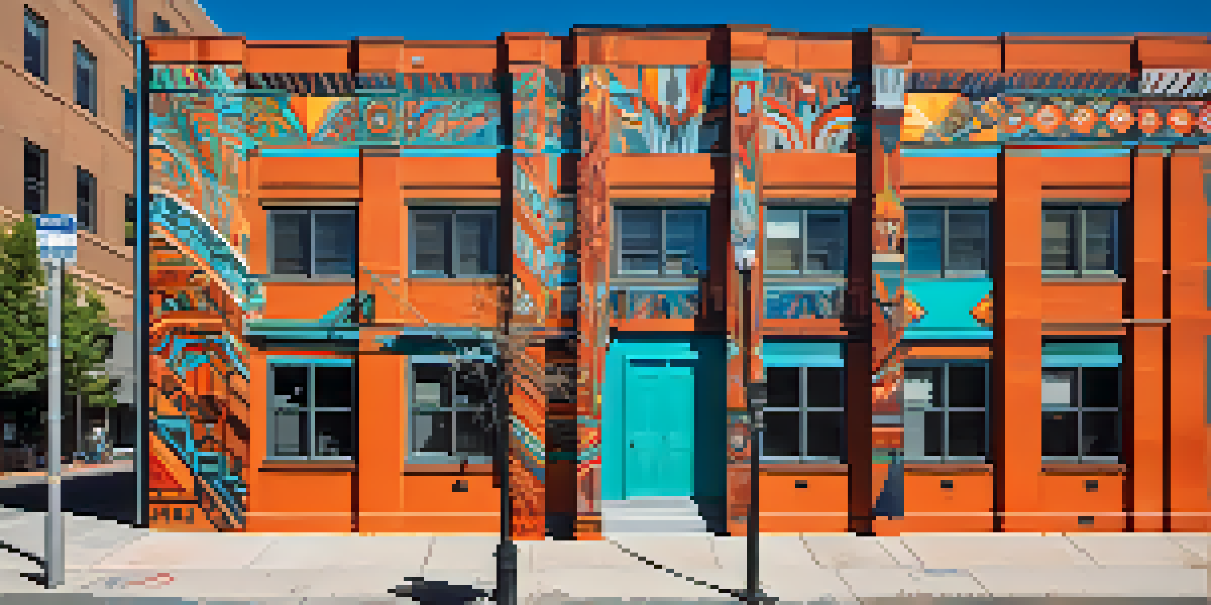 A colorful mural on a building depicting Indigenous and contemporary art styles, with bright colors and nature elements, bathed in warm sunlight.