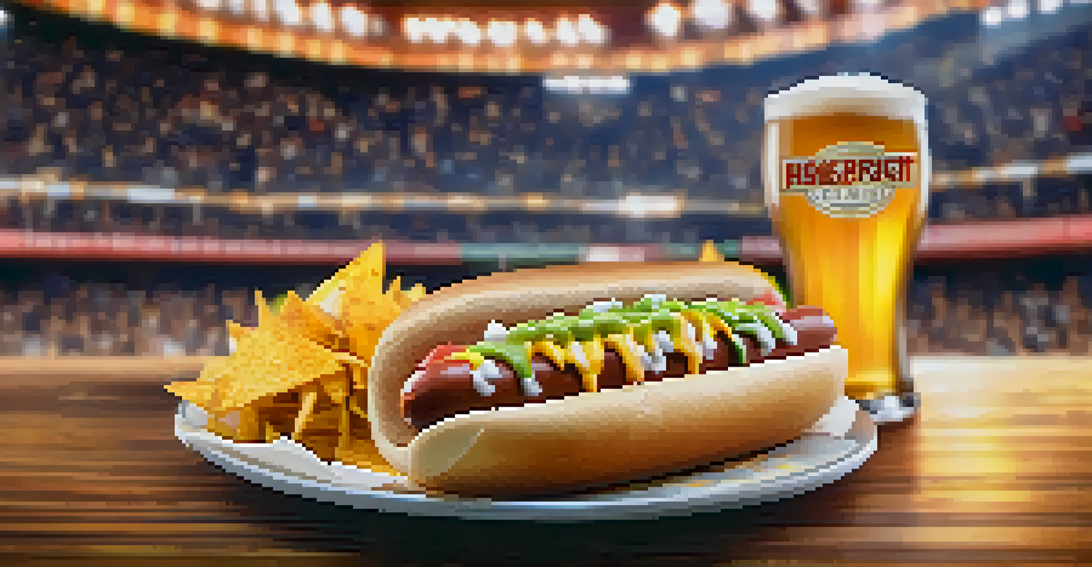 A close-up of gourmet stadium food including a hot dog, nachos, and a craft beer, with a blurred crowd cheering in the background.