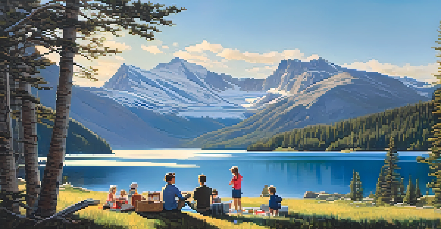 A tranquil scene at St. Mary's Glacier with a blue alpine lake and a family enjoying a picnic on the shore.