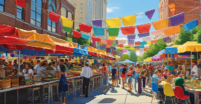 A lively outdoor food festival in Denver with colorful food stalls and a diverse crowd enjoying various cuisines under the warm sun.