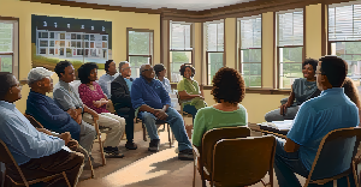 Residents gathered in a cozy meeting room discussing local election issues with posters around.