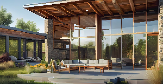 A modern eco-friendly home surrounded by greenery, with solar panels on the roof and large windows.