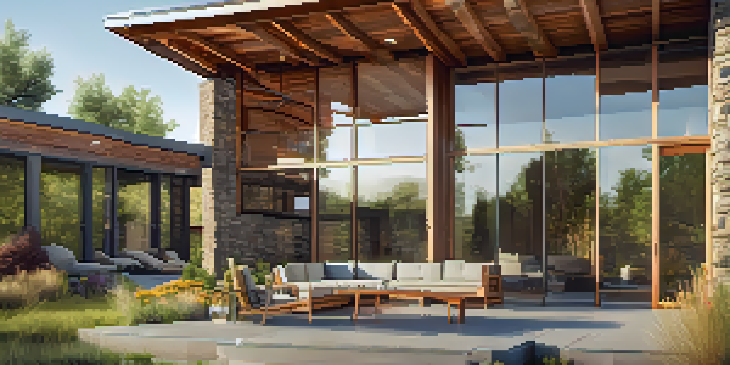 A modern eco-friendly home surrounded by greenery, with solar panels on the roof and large windows.