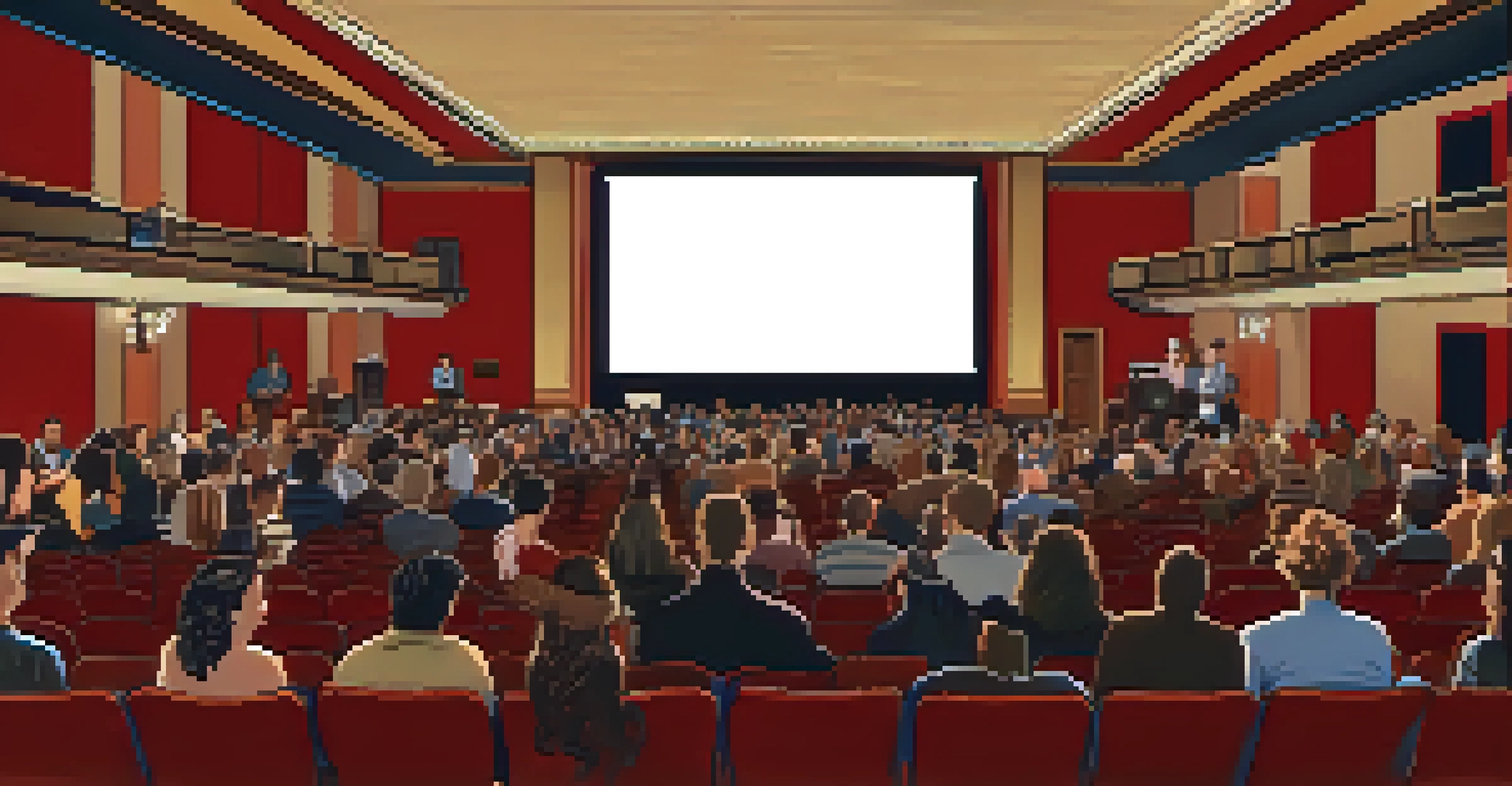 An audience enjoying a film in a cozy theater during the Denver Film Festival, with a director preparing for a discussion.