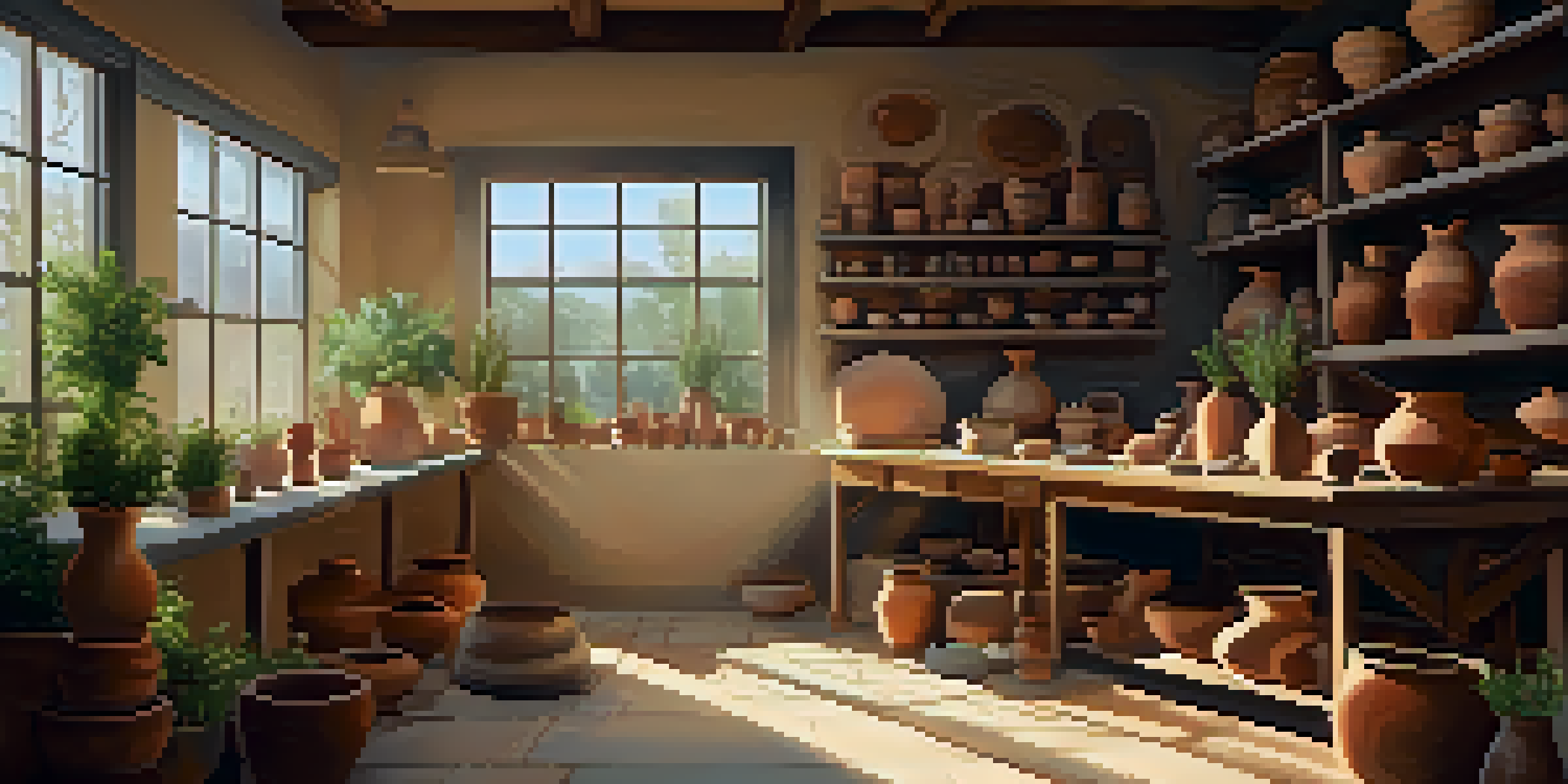A potter working at a wheel in a bright studio, surrounded by ceramic pieces and plants.