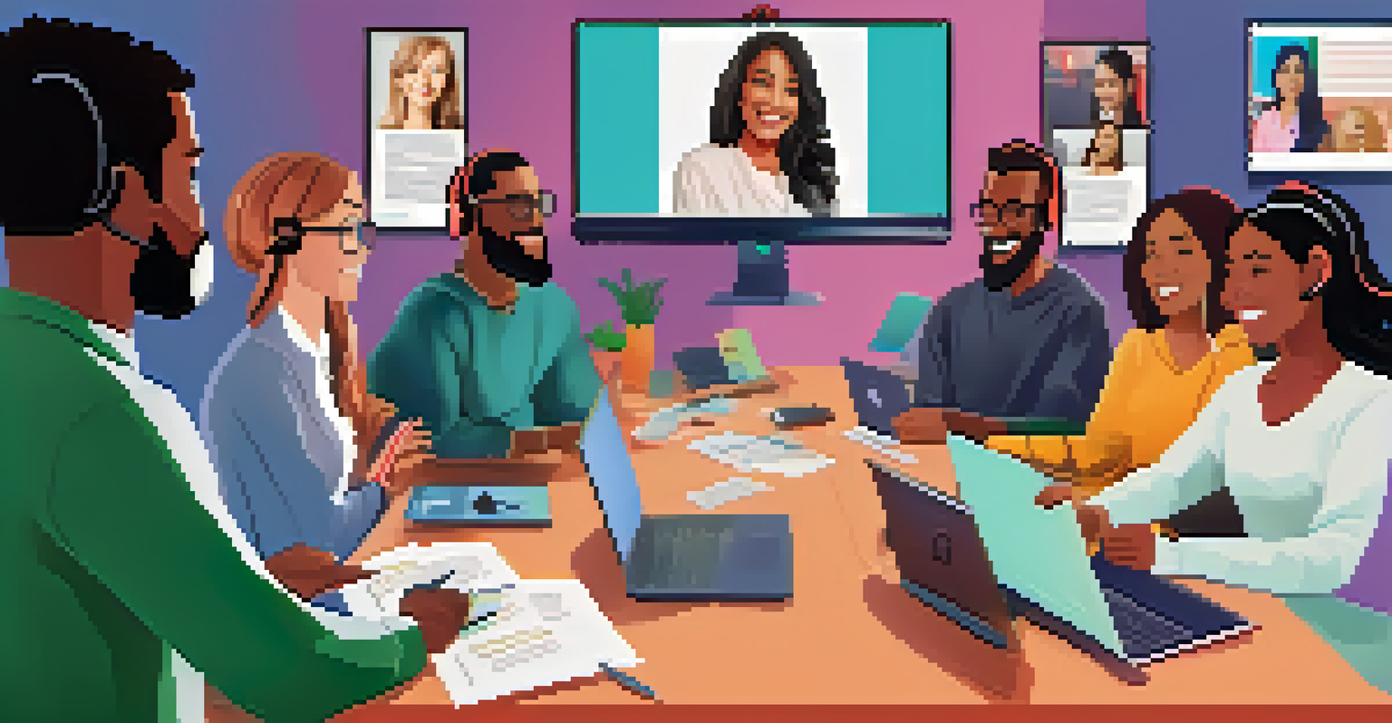 A virtual study group with diverse adults on a video call, smiling and taking notes together in a bright setting.