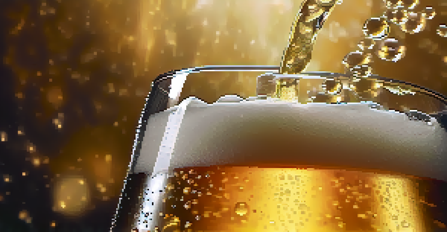 A close-up of a golden craft beer being poured into a glass with bubbles and foam.