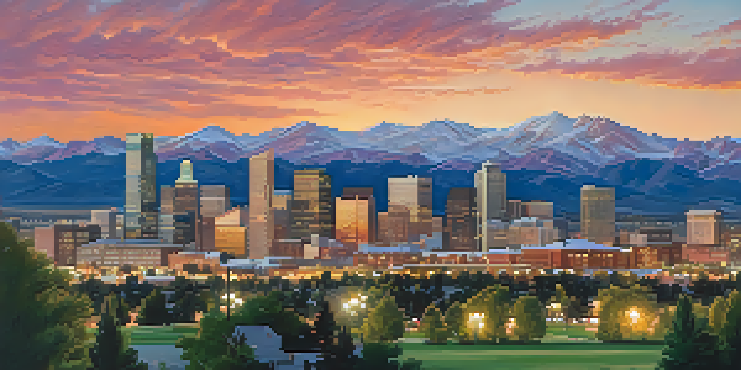 A sunset view of Denver's skyline with modern buildings and the Rocky Mountains in the background, highlighted by vibrant orange and pink skies, and a green park in the foreground.
